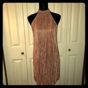 Pleated Rose Gold Pink Satin Dress High Neck